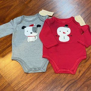 New Baby Gift Set - Two Onesies Winter Snowman and Holiday Puppy